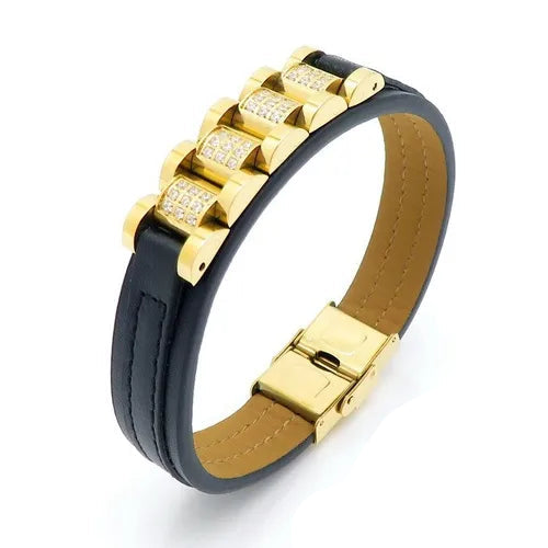 Gold Detailed Leather Bracelet - 18K Gold Plating