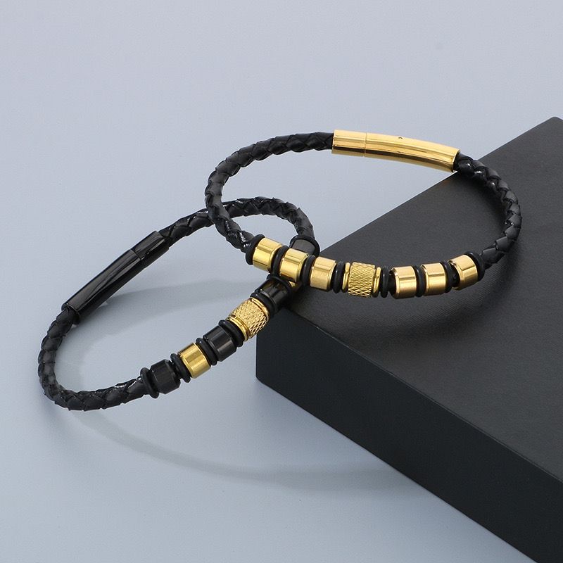 Leather Power Bracelet with Metal Trim ( 18k Gold Plating )