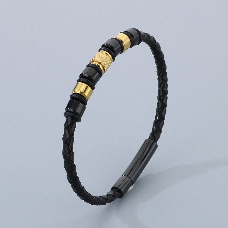 Leather Power Bracelet with Metal Trim ( 18k Gold Plating )