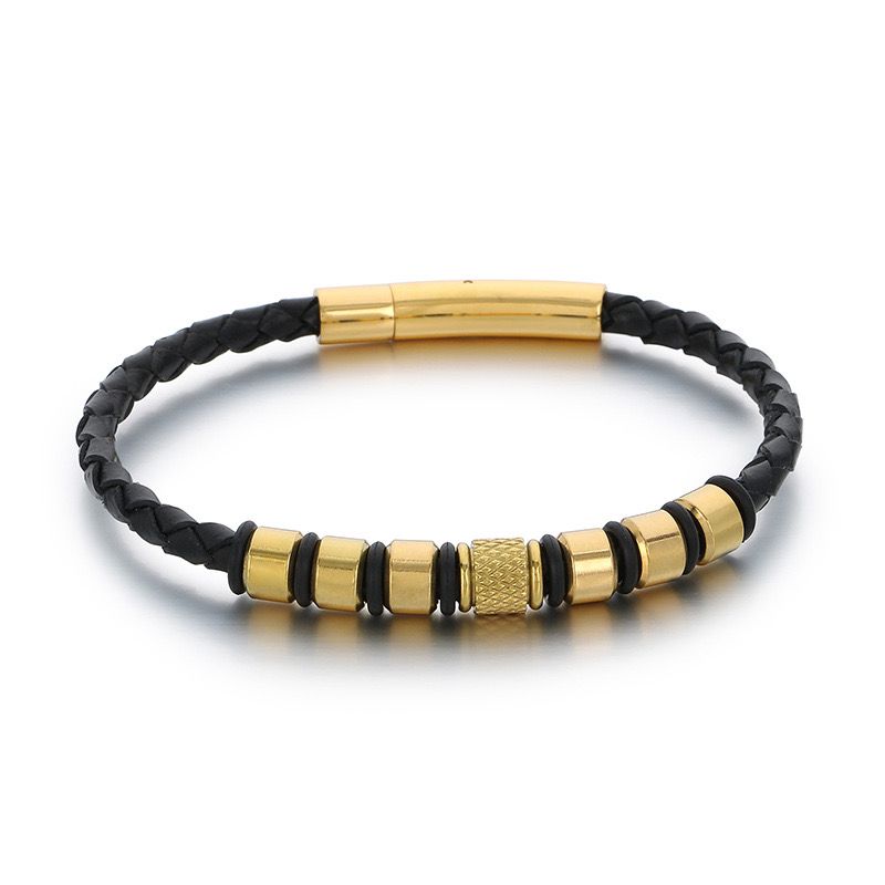 Leather Power Bracelet with Metal Trim ( 18k Gold Plating )