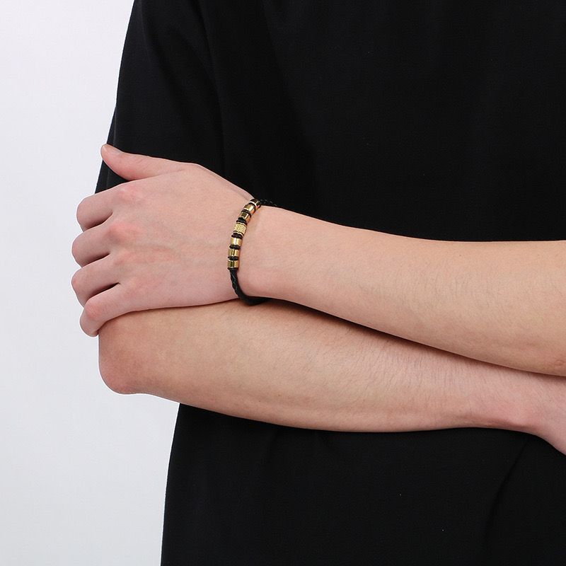 Leather Power Bracelet with Metal Trim ( 18k Gold Plating )