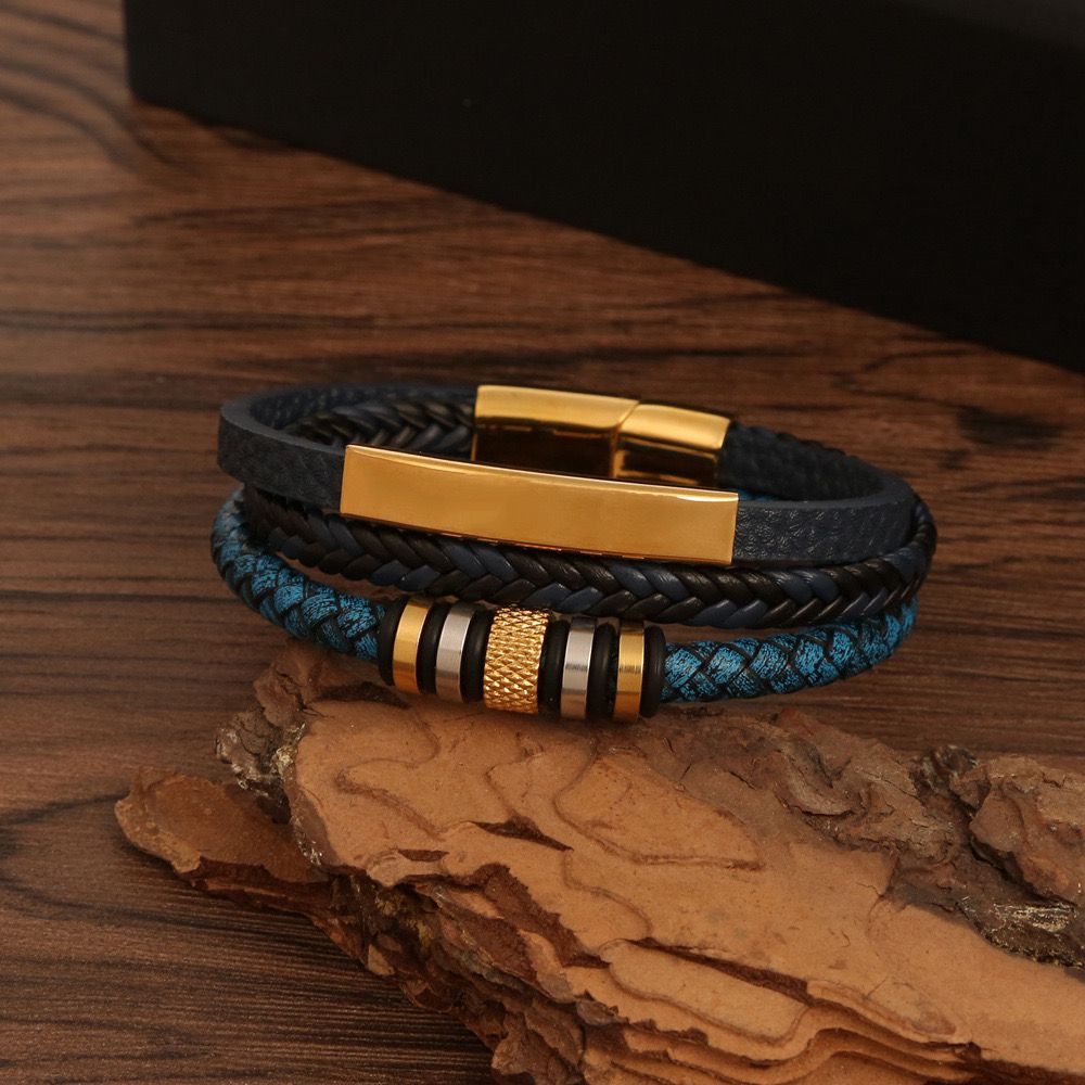 Blue Leather Titanium Classic Bracelet