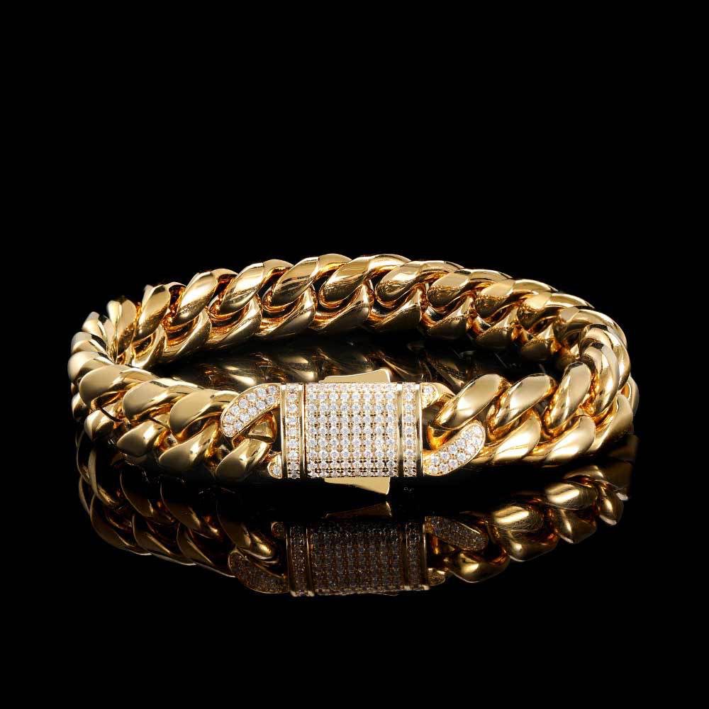 Cuban Gold Bracelet with Iced Lock - 18K Gold Plating