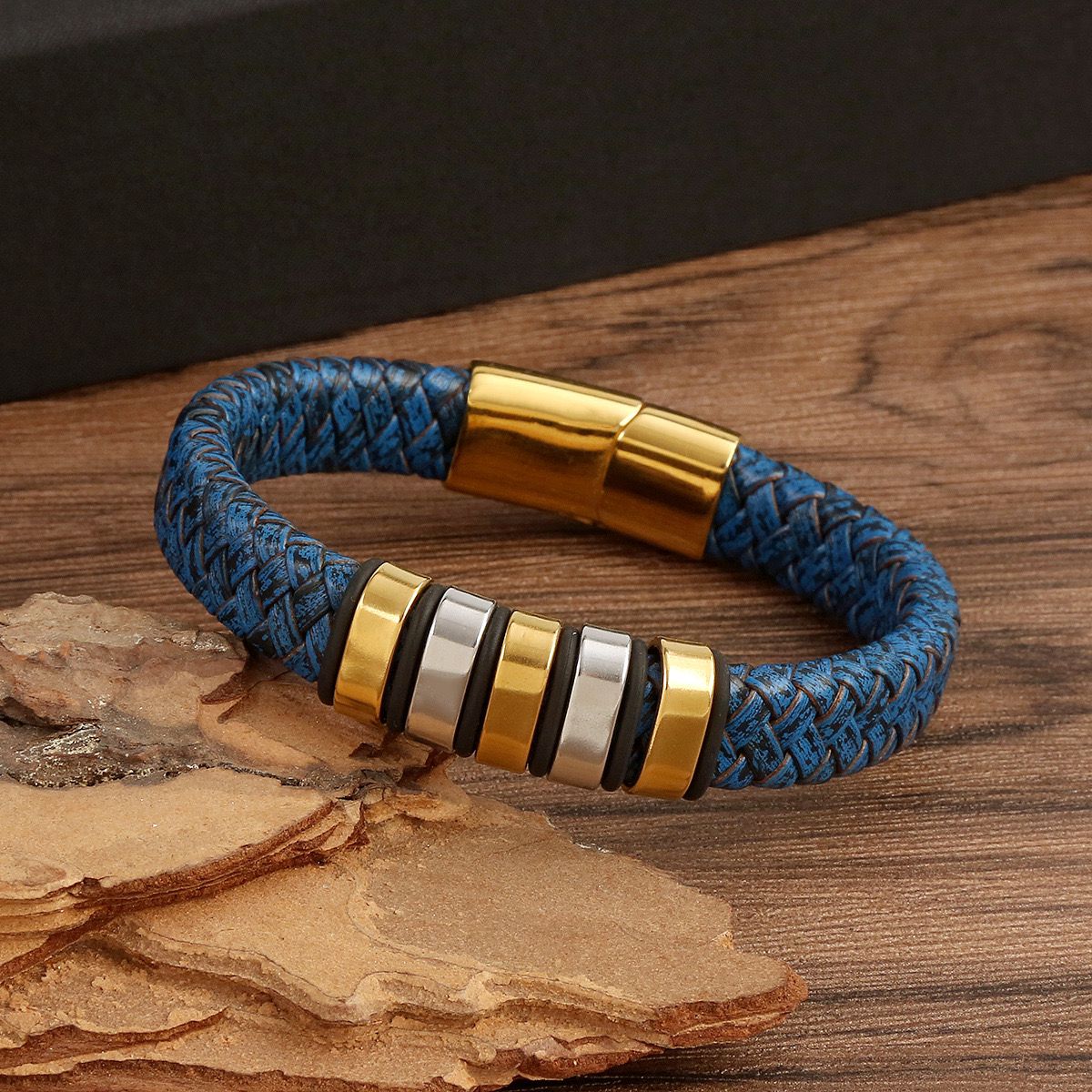 Blue Titanium Steel Leather Bracelet