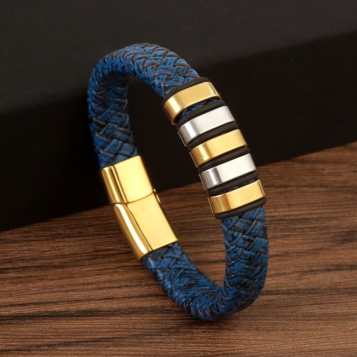 Blue Titanium Steel Leather Bracelet