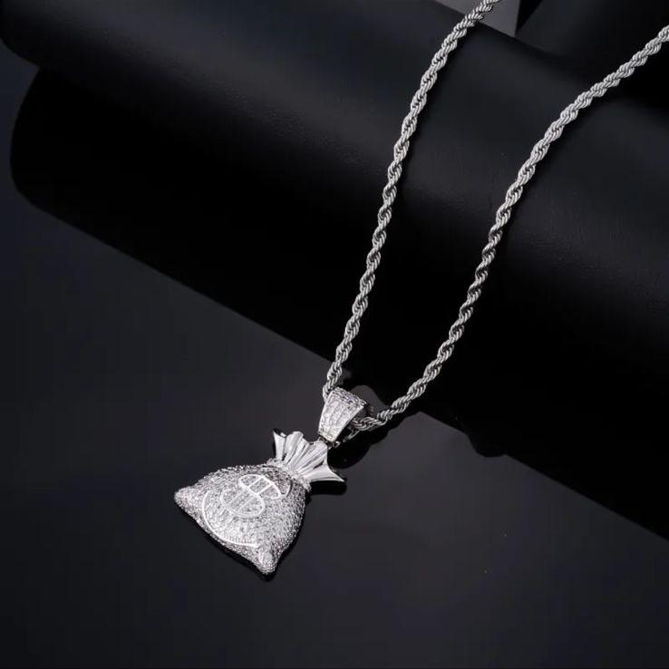 Ice Out Money Dollar Bag (Pendant + Chain) -18K Gold Plating