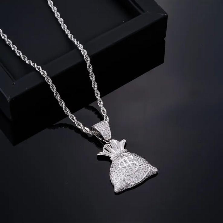 Ice Out Money Dollar Bag (Pendant + Chain) -18K Gold Plating