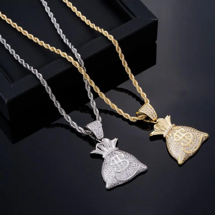 Ice Out Money Dollar Bag (Pendant + Chain) -18K Gold Plating