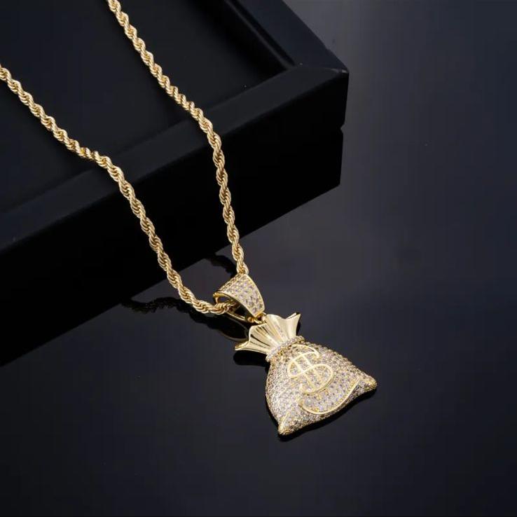 Ice Out Money Dollar Bag (Pendant + Chain) -18K Gold Plating