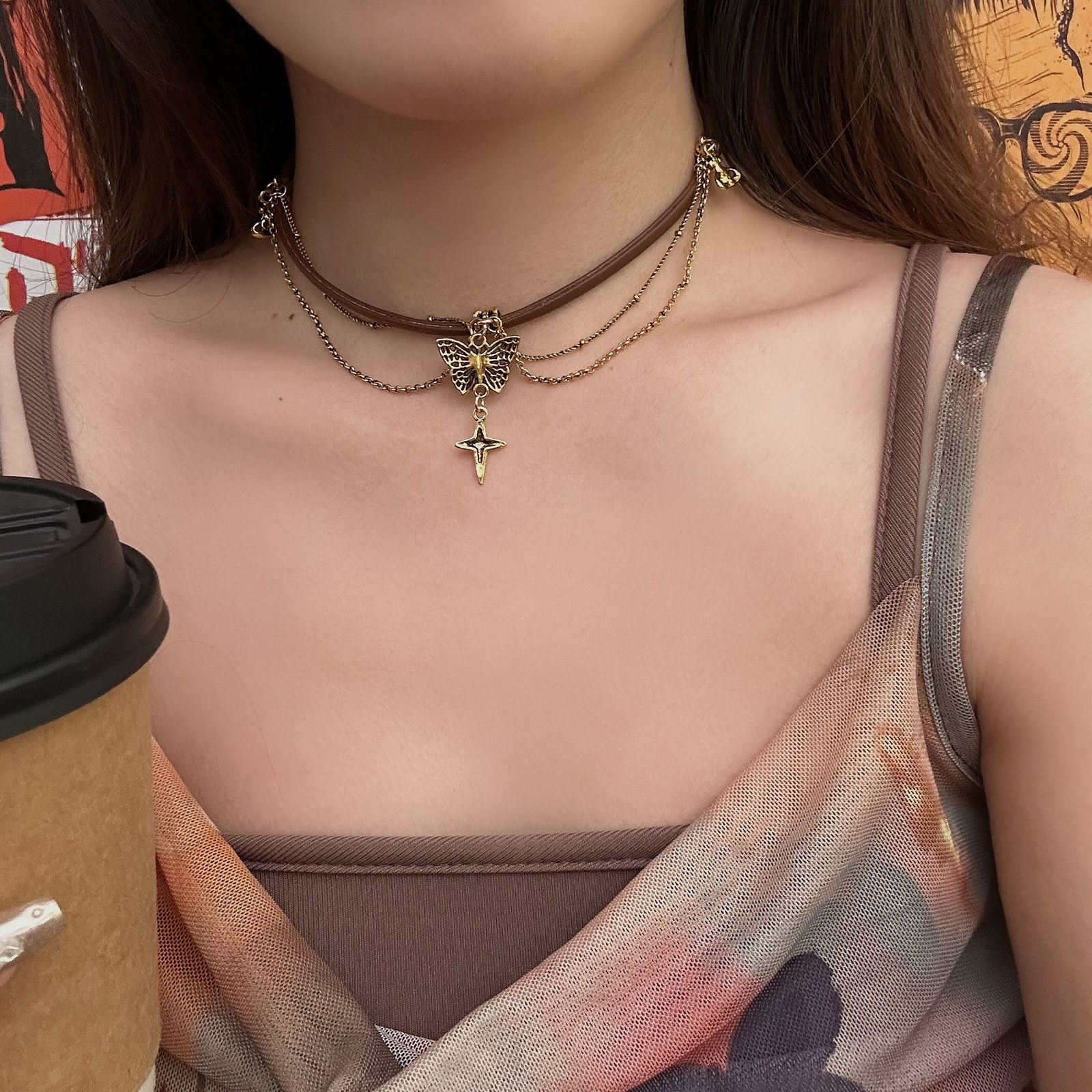 Butterfly Charm Leather Necklace