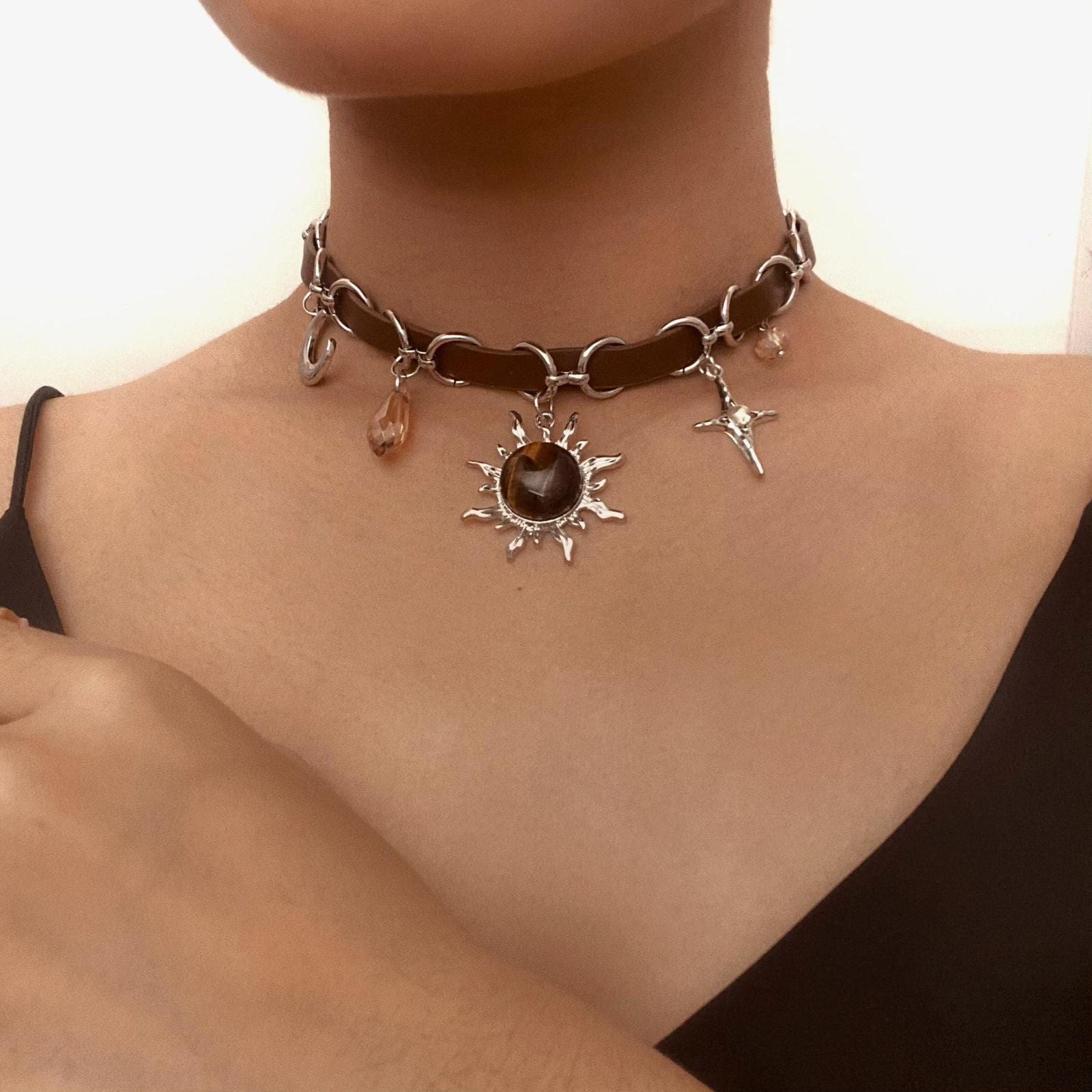 Sun Pendant Leather Necklace