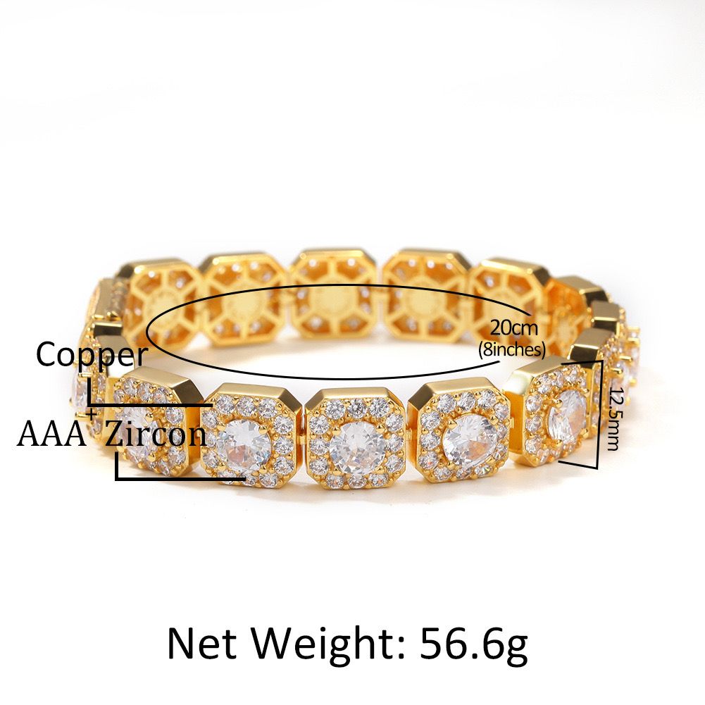 Diamond Square Mens Zirconia Bracelet - 12 MM (18K Gold Plated)
