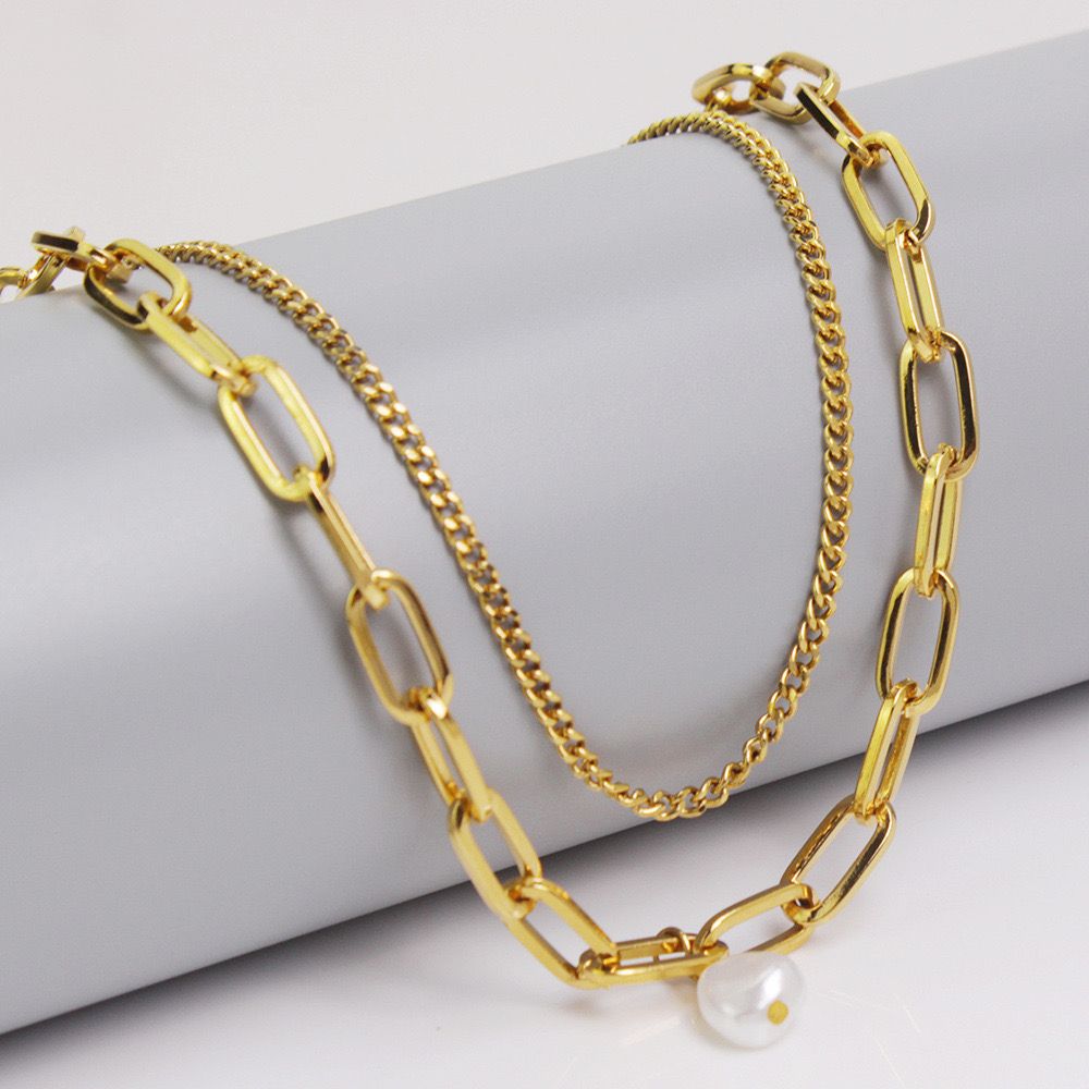 Dual Chain Pearl Metal Necklace