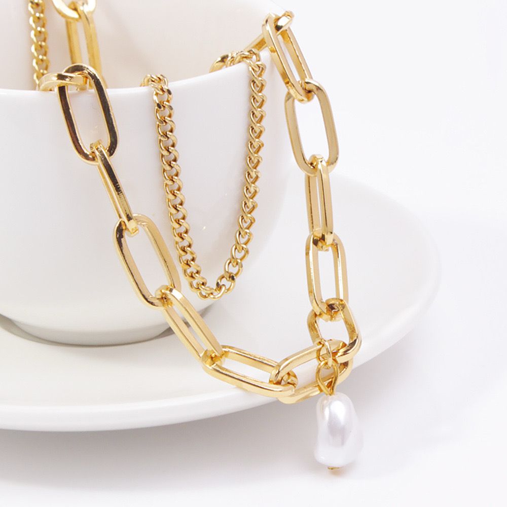 Dual Chain Pearl Metal Necklace