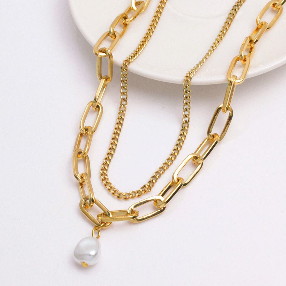 Dual Chain Pearl Metal Necklace