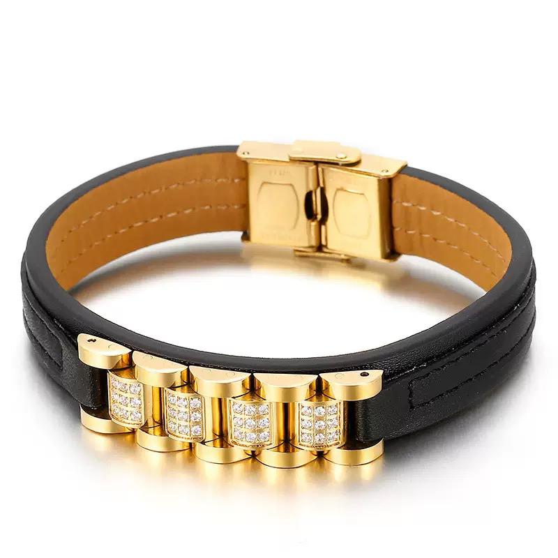 Gold Detailed Leather Bracelet - 18K Gold Plating