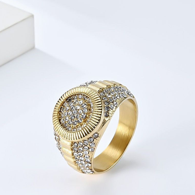 Titanium Rhinestone Men's Ring - 18K Gold Plated