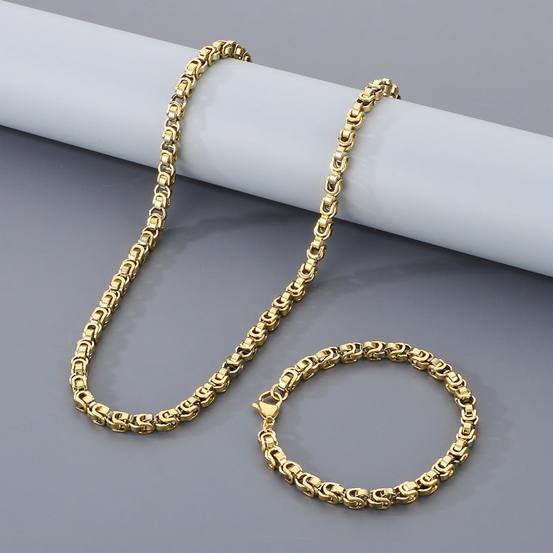 Bamboo Mens's Gold Plated Chain and bracelet. - 18K Gold Plated