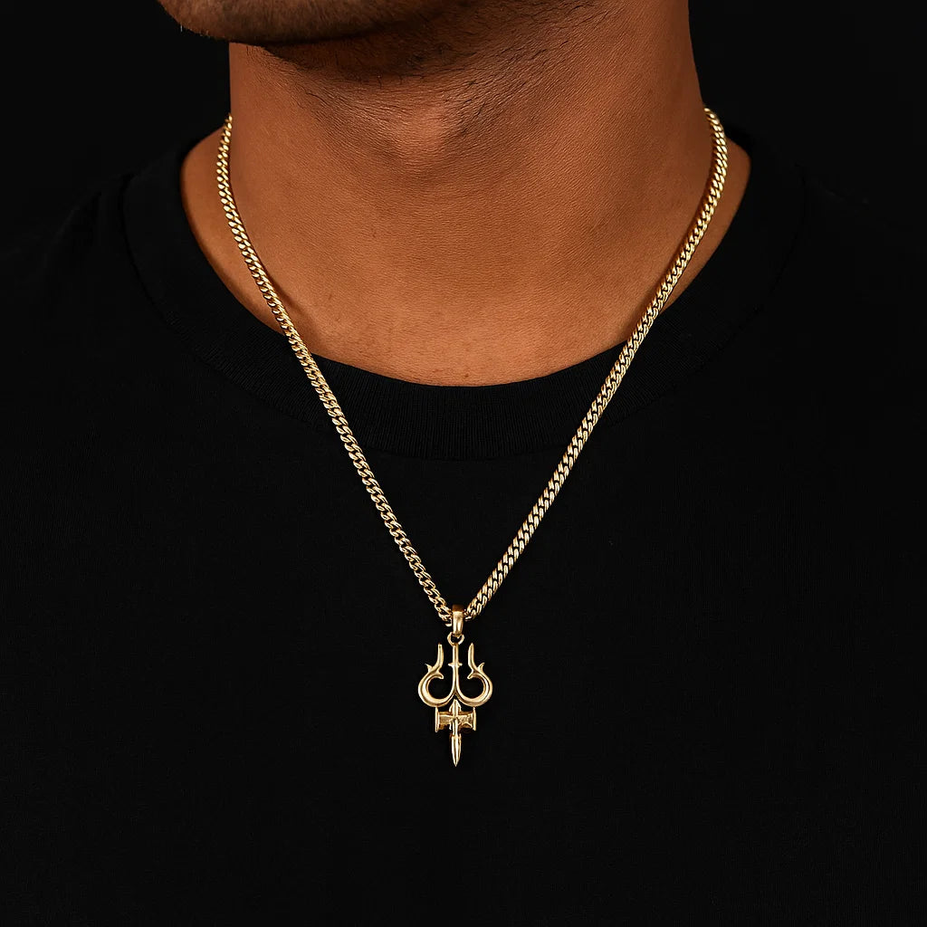 Powerful Trishul Damru (Pendant + Chain) - 18K Gold Plated